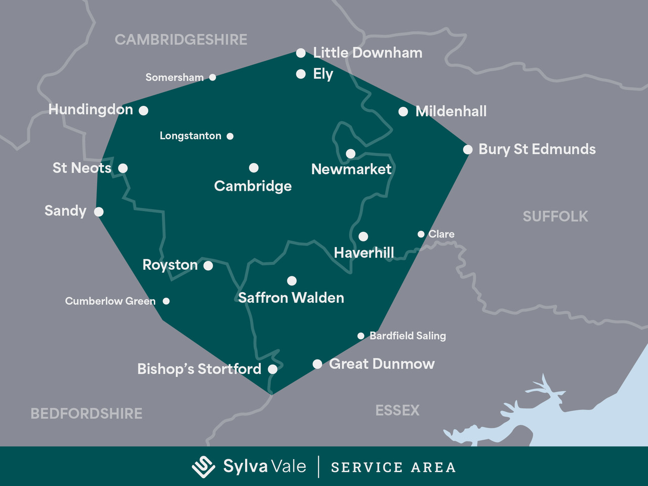 Map of the Sylva Vale service area, covering Cambridge, Ely, Newmarket, Haverhill, Saffron Walden, Royston, St Neots, Bishop's Stortford, Great Dunmow, Mildenhall and Bury St Edmunds